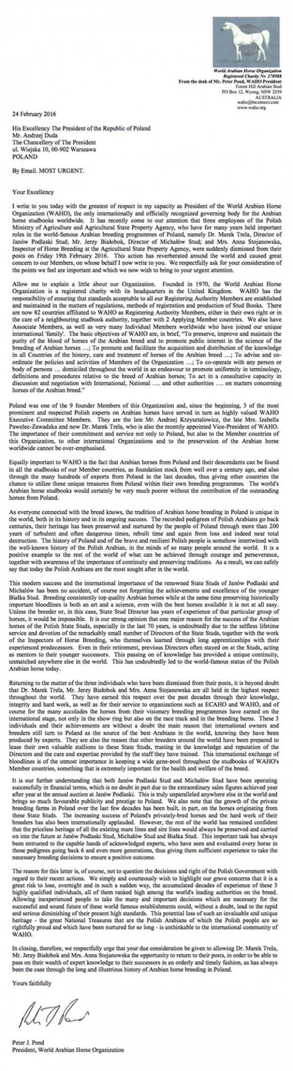 نص الخطاب المرسل لرئيس بولندا